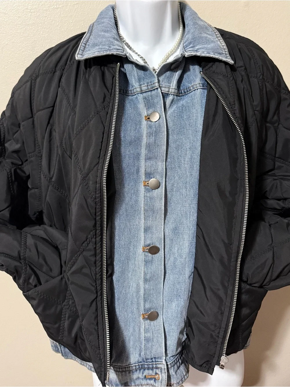 Tribal Black Quilted Puffer Jacket with Denim - Picture 3 of 5